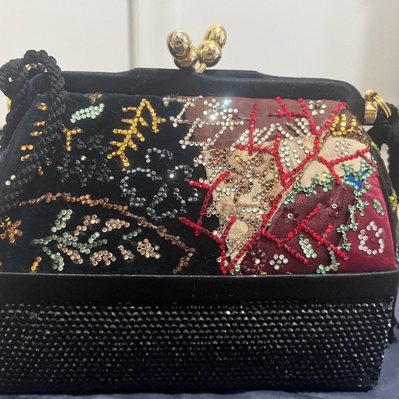 Judith Leiber Black Satin and Multicolor Crystal Evening Bag with Gold Hardware - Picture 4 of 7